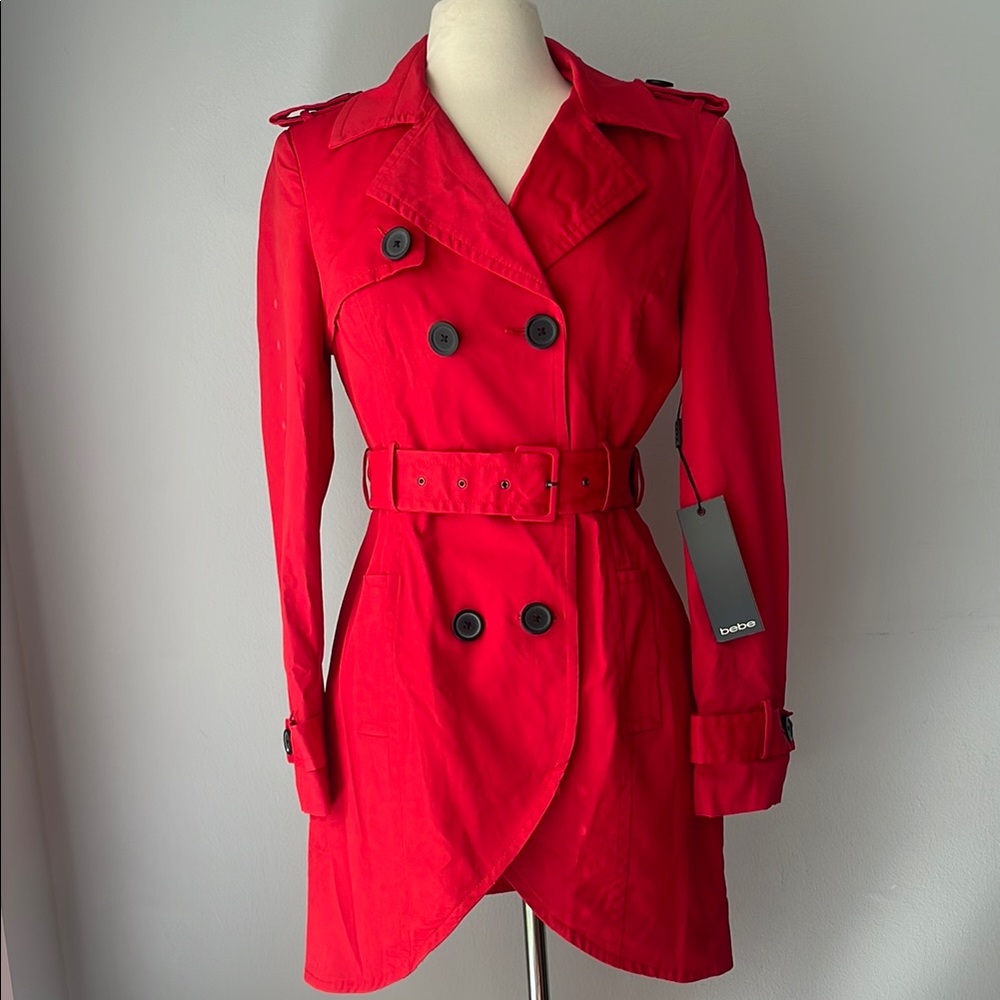 BEBE Red Double-Breasted Women's Trench Coat-very rare